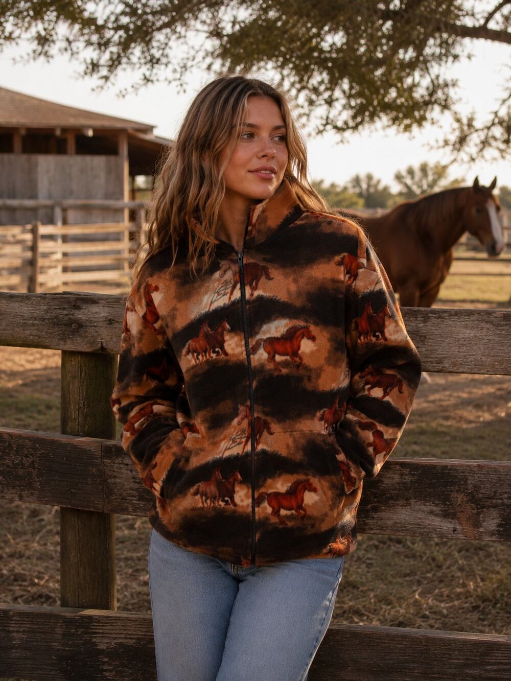 PFI Fashions Vintage Horse Print Fleece Jacket, EUC, Oversized M